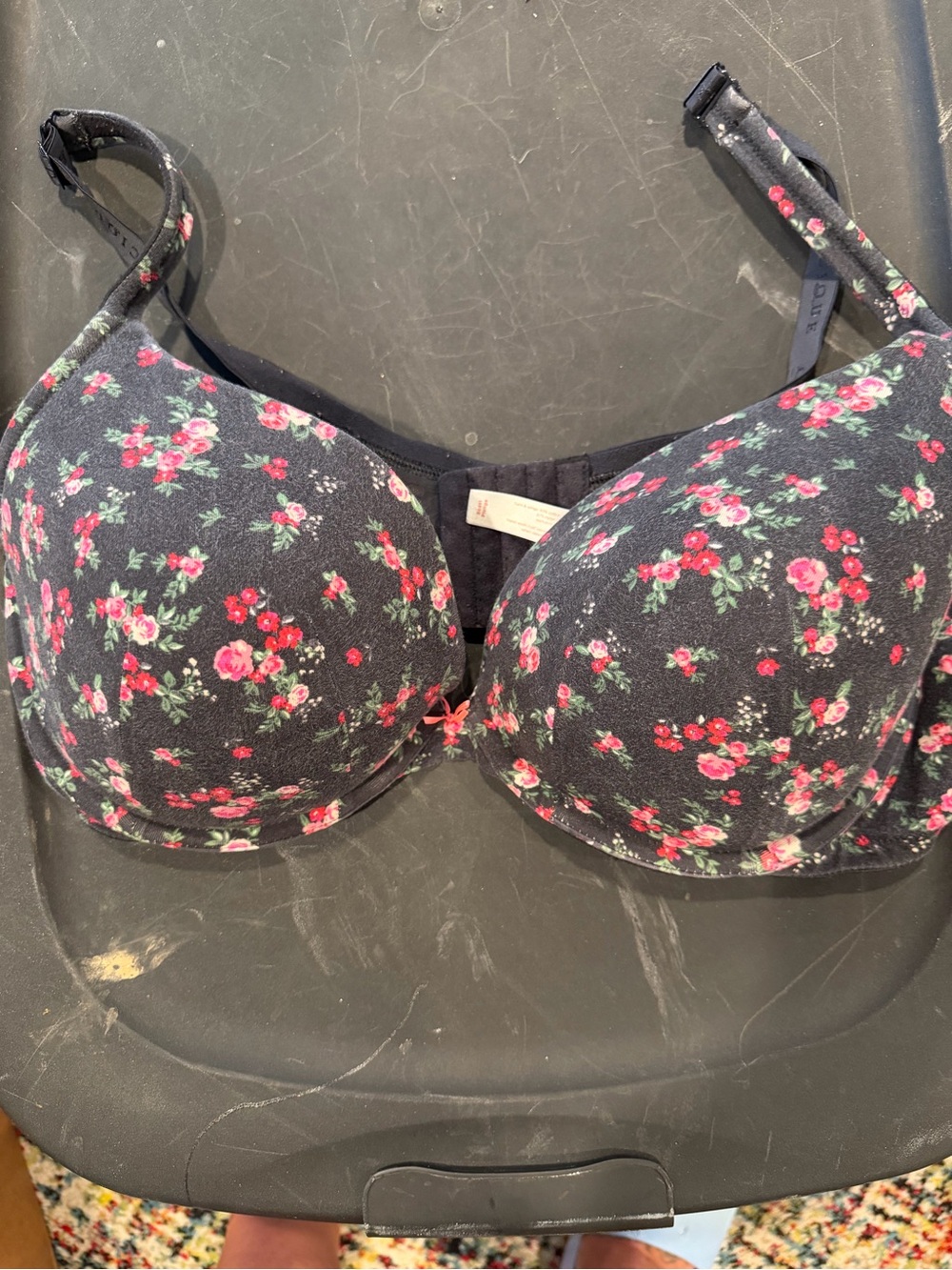 Cacique Black Bra with Pink & Red Floral Print